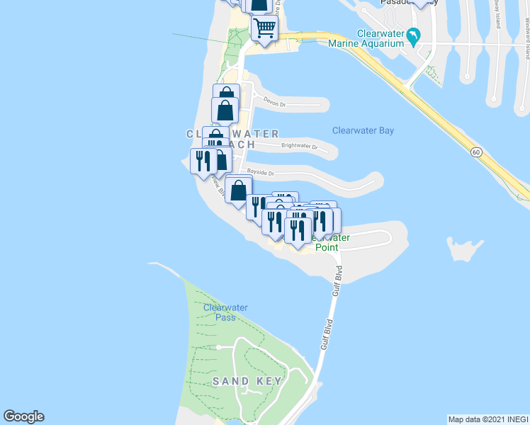 map of restaurants, bars, coffee shops, grocery stores, and more near 619 South Gulfview Boulevard in Clearwater