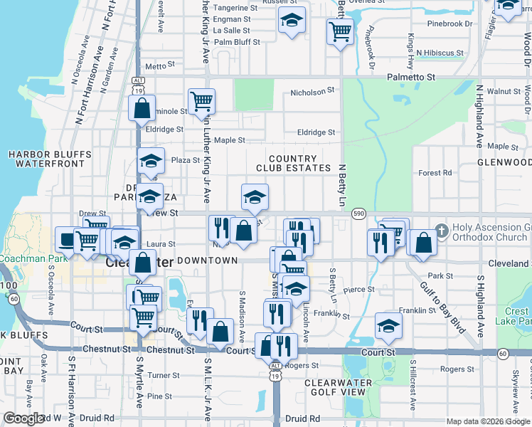 map of restaurants, bars, coffee shops, grocery stores, and more near Drew Street & North Missouri Avenue in Clearwater
