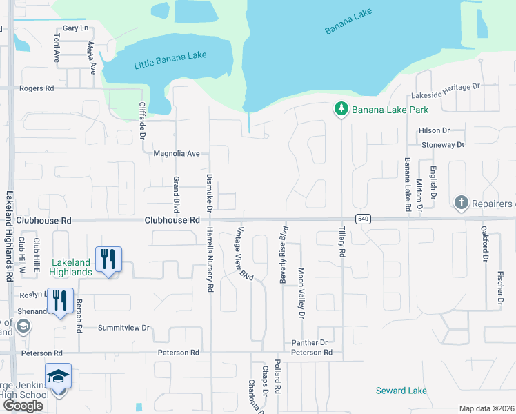 map of restaurants, bars, coffee shops, grocery stores, and more near 2905 Clubhouse Road in Lakeland
