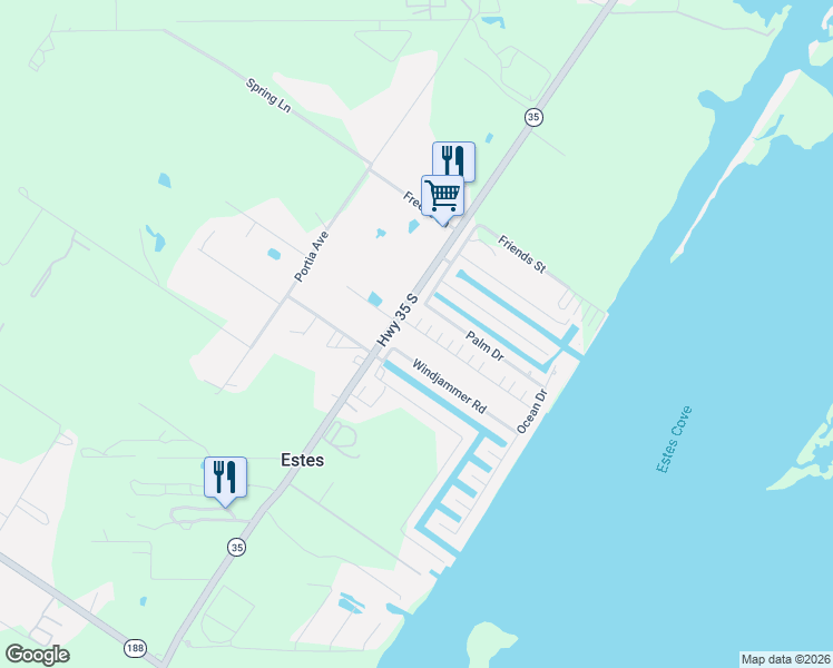 map of restaurants, bars, coffee shops, grocery stores, and more near 103 Windjammer Road in Rockport