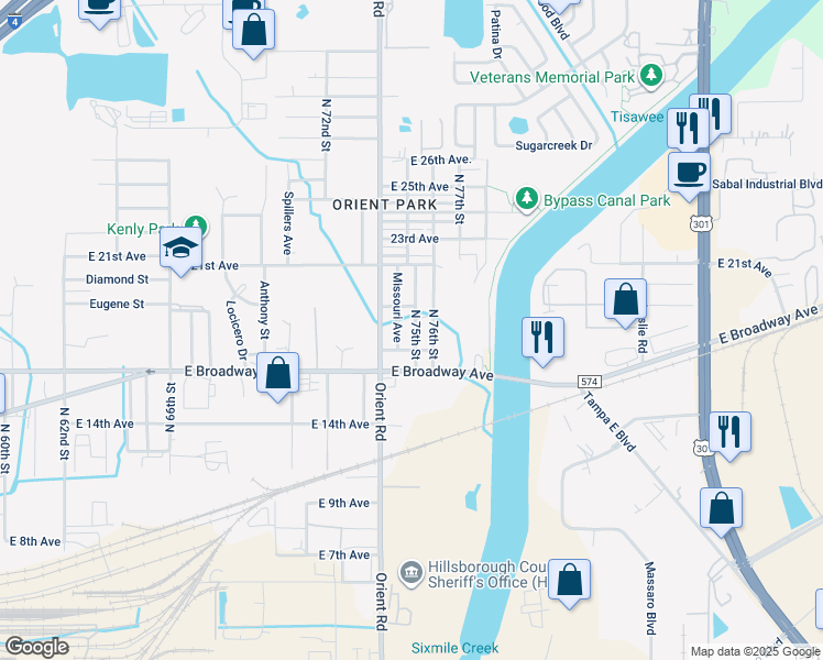 map of restaurants, bars, coffee shops, grocery stores, and more near 2803 Orient Road in Tampa