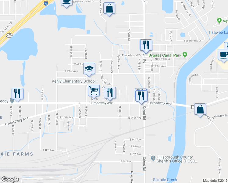 map of restaurants, bars, coffee shops, grocery stores, and more near 7002 East Broadway Avenue in Tampa
