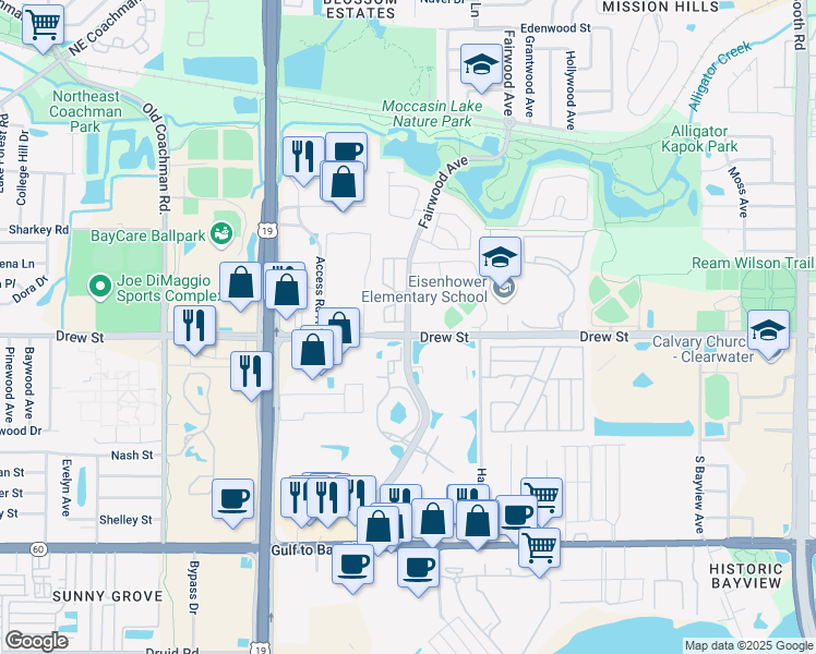 map of restaurants, bars, coffee shops, grocery stores, and more near 76 Fairwood Avenue in Clearwater