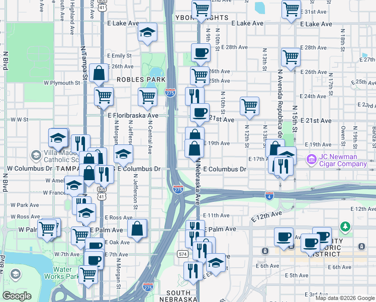 map of restaurants, bars, coffee shops, grocery stores, and more near 799 East Bryan Street in Tampa