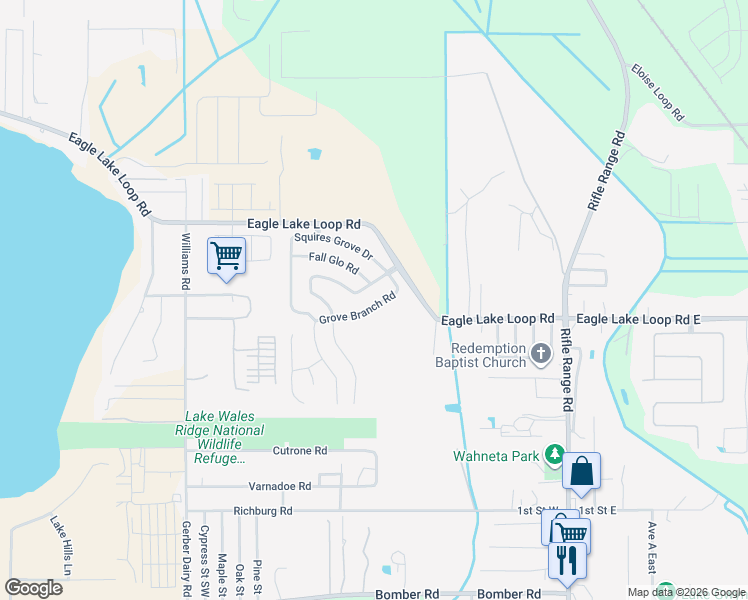 map of restaurants, bars, coffee shops, grocery stores, and more near 101 Fall Glo Road in Winter Haven