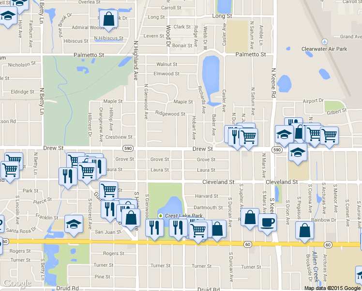 map of restaurants, bars, coffee shops, grocery stores, and more near 1568 Drew Street in Clearwater
