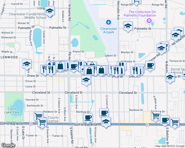map of restaurants, bars, coffee shops, grocery stores, and more near 1885 Harding Street in Clearwater