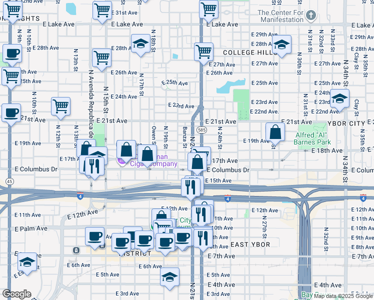 map of restaurants, bars, coffee shops, grocery stores, and more near 2916 North 21st Street in Tampa