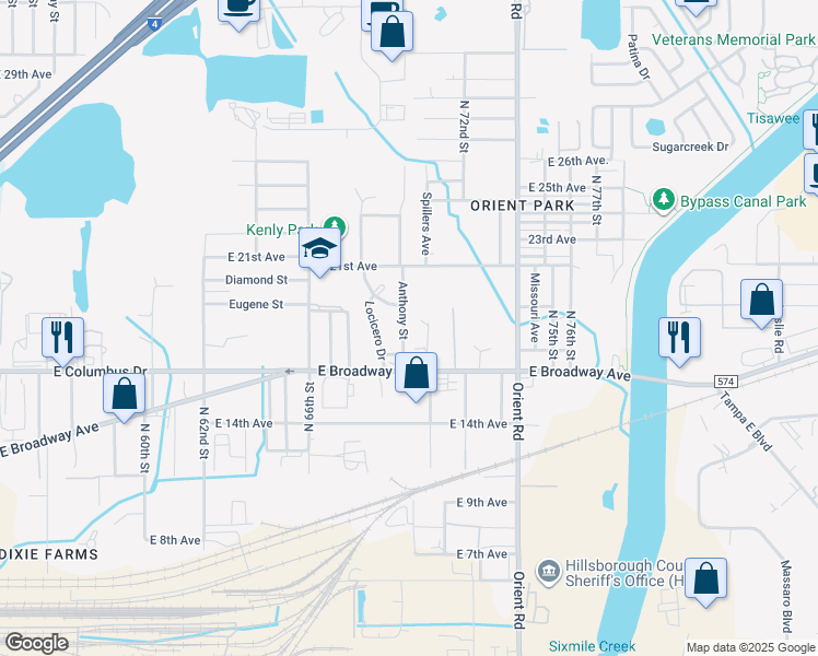 map of restaurants, bars, coffee shops, grocery stores, and more near 2819 Anthony Street in Tampa
