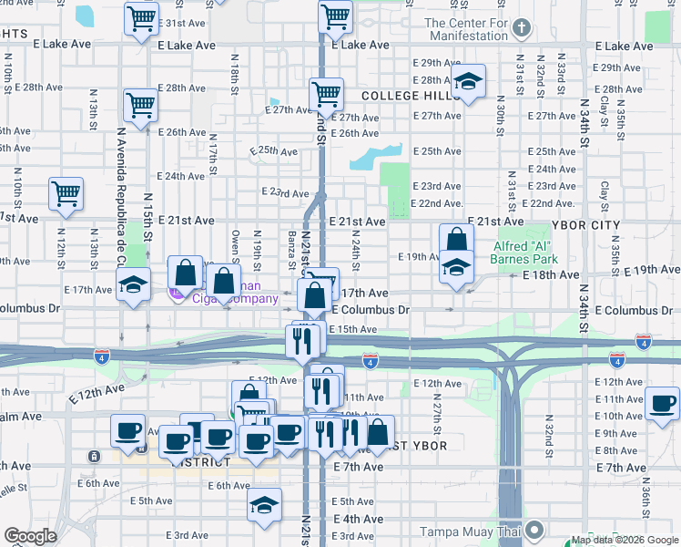 map of restaurants, bars, coffee shops, grocery stores, and more near 2214 East 19th Avenue in Tampa