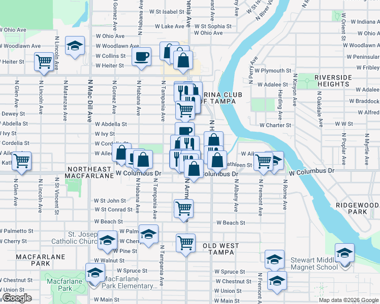 map of restaurants, bars, coffee shops, grocery stores, and more near in Tampa
