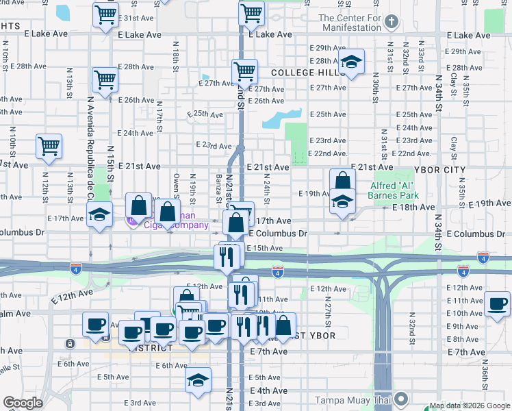 map of restaurants, bars, coffee shops, grocery stores, and more near 2214 East 19th Avenue in Tampa