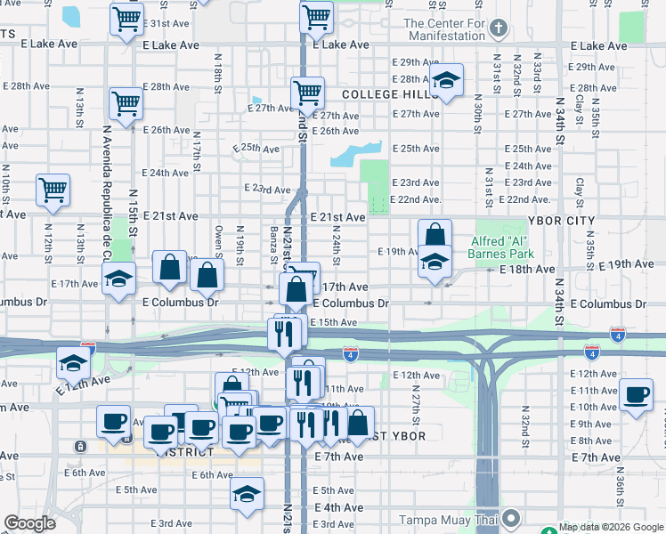 map of restaurants, bars, coffee shops, grocery stores, and more near 2214 East 19th Avenue in Tampa