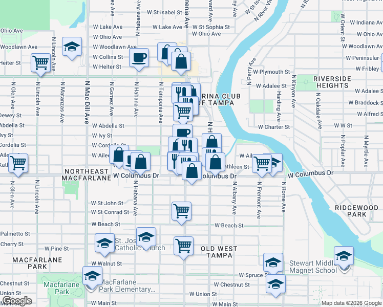 map of restaurants, bars, coffee shops, grocery stores, and more near in Tampa