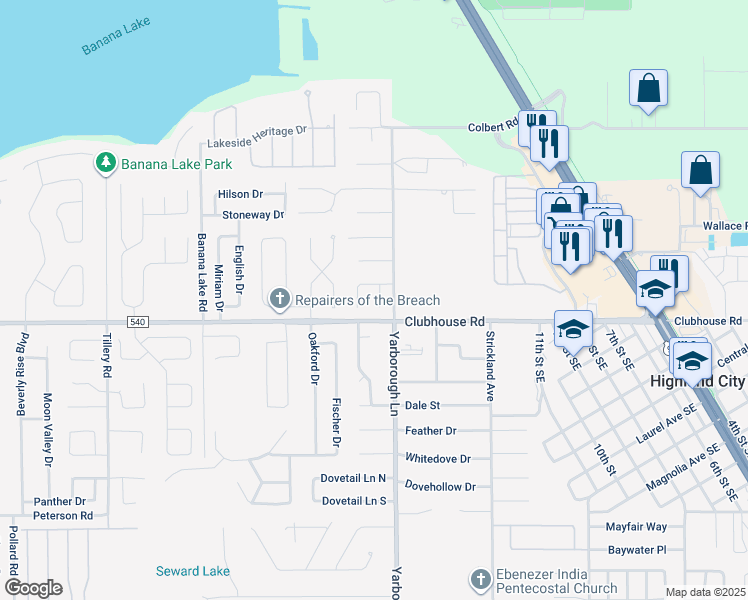 map of restaurants, bars, coffee shops, grocery stores, and more near 5329 Keely Court in Lakeland
