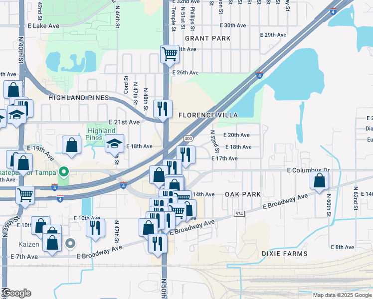 map of restaurants, bars, coffee shops, grocery stores, and more near 5023 East 18th Avenue in Tampa