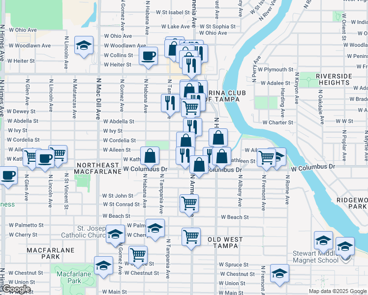 map of restaurants, bars, coffee shops, grocery stores, and more near in Tampa