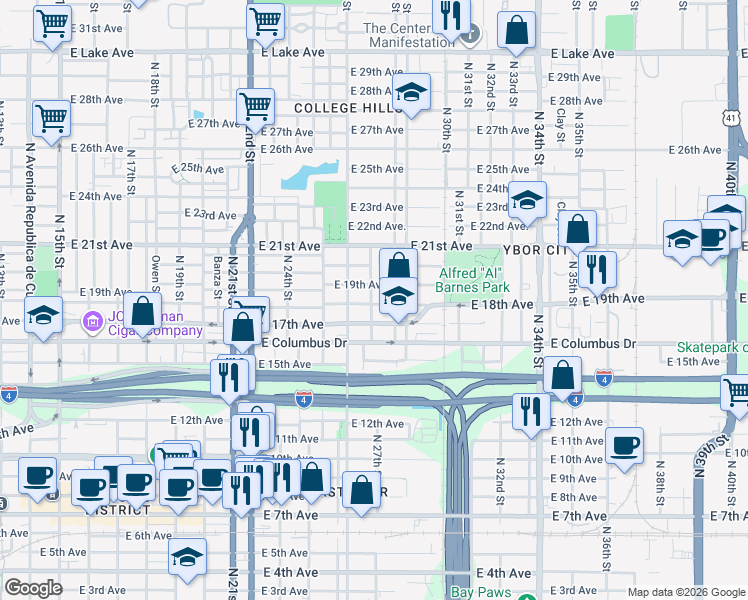 map of restaurants, bars, coffee shops, grocery stores, and more near 2702 East 18th Avenue in Tampa