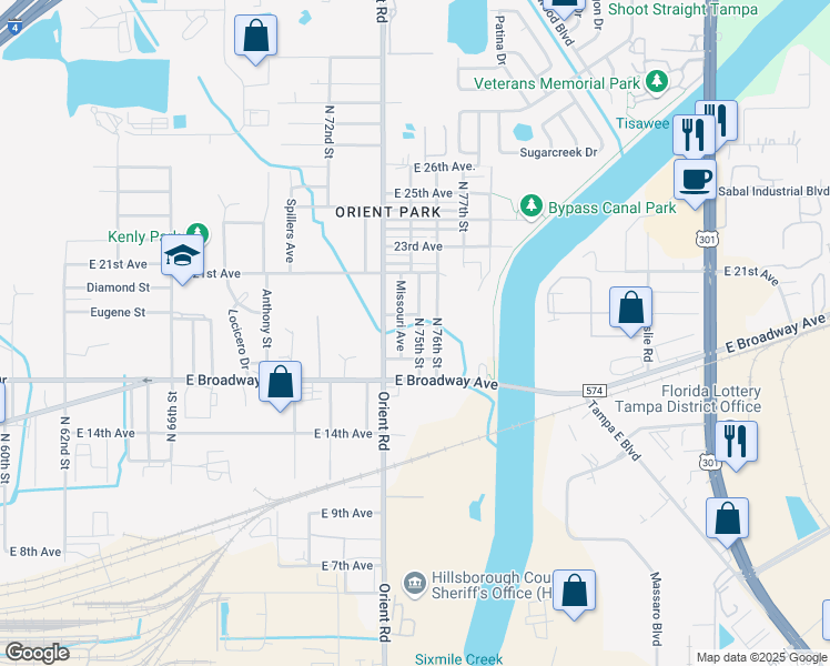 map of restaurants, bars, coffee shops, grocery stores, and more near 7403 19th Avenue in Tampa