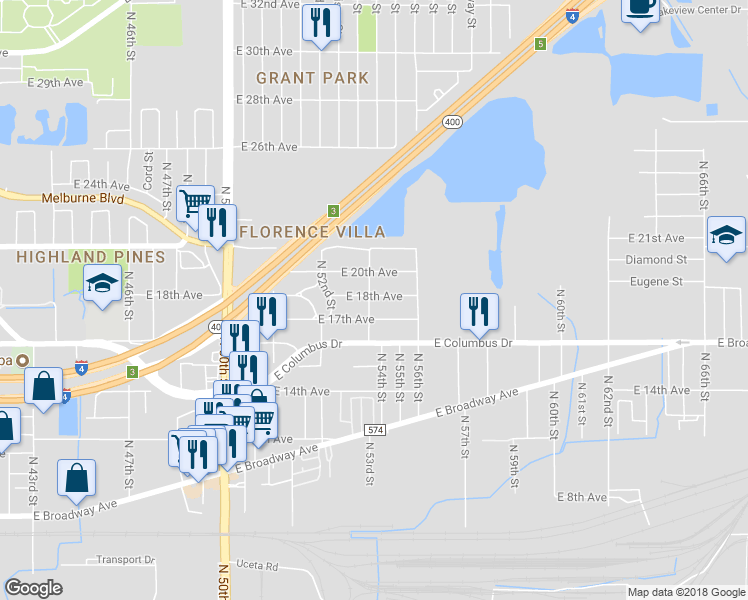 map of restaurants, bars, coffee shops, grocery stores, and more near 5308 East 18th Avenue in Tampa