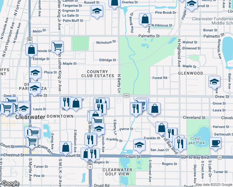 map of restaurants, bars, coffee shops, grocery stores, and more near 210 North Betty Lane in Clearwater