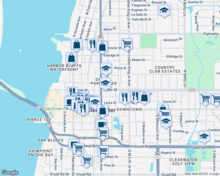 map of restaurants, bars, coffee shops, grocery stores, and more near 911 Jones Street in Clearwater
