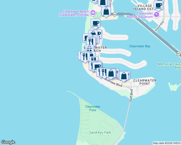 map of restaurants, bars, coffee shops, grocery stores, and more near 440 South Gulfview Boulevard in Clearwater