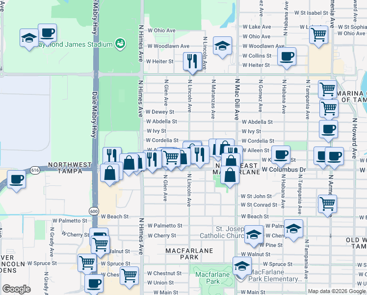 map of restaurants, bars, coffee shops, grocery stores, and more near 3305 West Aileen Street in Tampa
