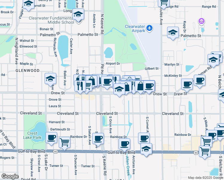 map of restaurants, bars, coffee shops, grocery stores, and more near 301 Feather Tree Drive in Clearwater