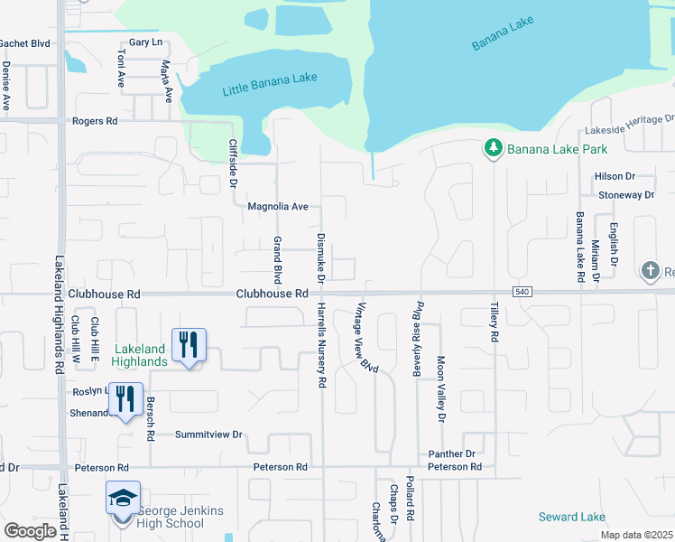 map of restaurants, bars, coffee shops, grocery stores, and more near 5338 Kinsley Lane in Lakeland
