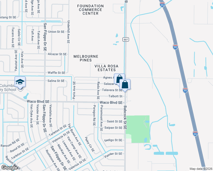 map of restaurants, bars, coffee shops, grocery stores, and more near 1630 Salazar Street Southeast in Palm Bay