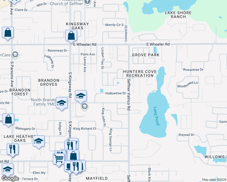 map of restaurants, bars, coffee shops, grocery stores, and more near 322 Hollowtree Drive in Seffner