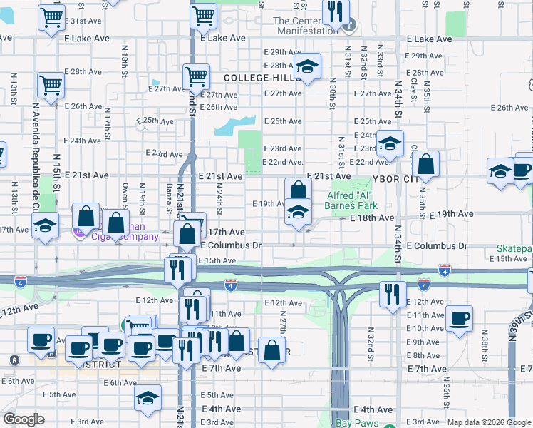 map of restaurants, bars, coffee shops, grocery stores, and more near 2604 East 18th Avenue in Tampa