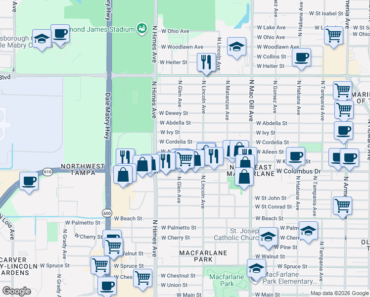 map of restaurants, bars, coffee shops, grocery stores, and more near 3313 West Cordelia Street in Tampa