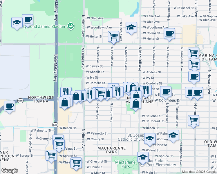 map of restaurants, bars, coffee shops, grocery stores, and more near 3305 West Aileen Street in Tampa