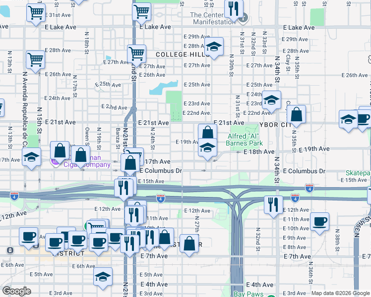 map of restaurants, bars, coffee shops, grocery stores, and more near 2516 East 19th Avenue in Tampa