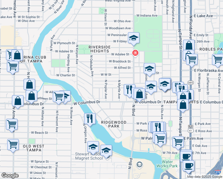 map of restaurants, bars, coffee shops, grocery stores, and more near 821 West Warren Avenue in Tampa