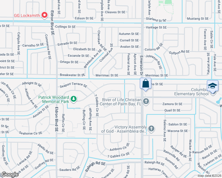 map of restaurants, bars, coffee shops, grocery stores, and more near 767 Parsons Circle Southeast in Palm Bay