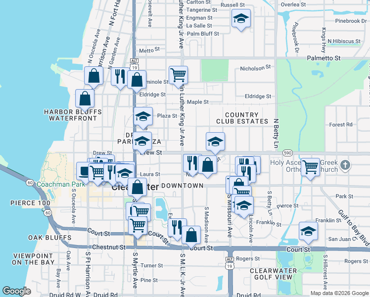 map of restaurants, bars, coffee shops, grocery stores, and more near 216 North Washington Avenue in Clearwater