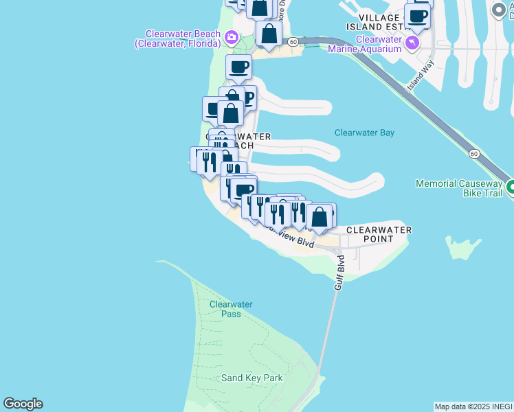 map of restaurants, bars, coffee shops, grocery stores, and more near 530 South Gulfview Boulevard in Clearwater