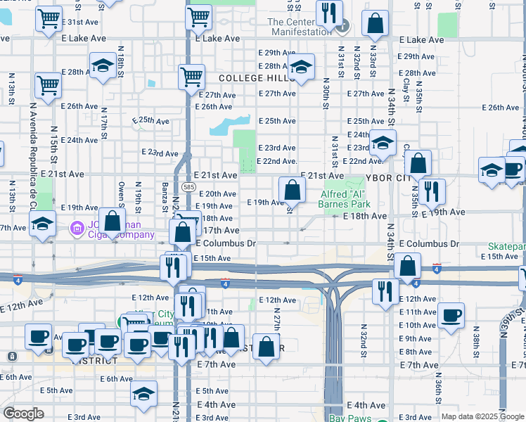 map of restaurants, bars, coffee shops, grocery stores, and more near 2702 East 19th Avenue in Tampa