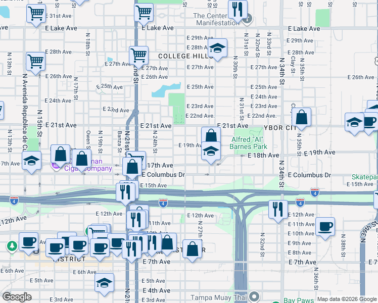 map of restaurants, bars, coffee shops, grocery stores, and more near 2516 East 19th Avenue in Tampa