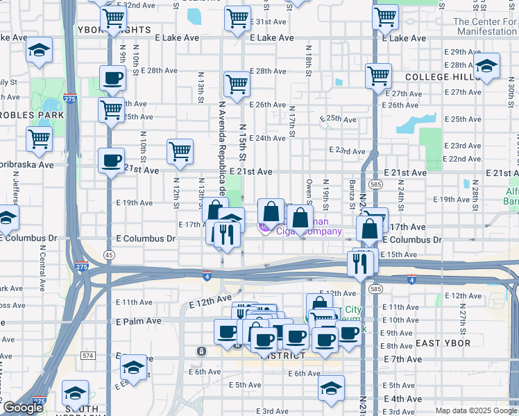 map of restaurants, bars, coffee shops, grocery stores, and more near 2904 North 16th Street in Tampa