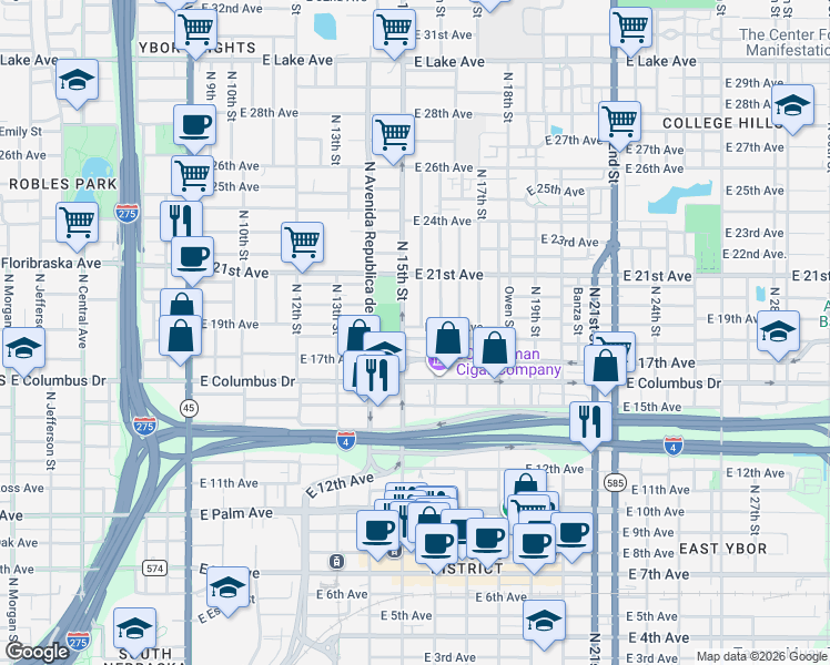 map of restaurants, bars, coffee shops, grocery stores, and more near 2905 North 15th Street in Tampa