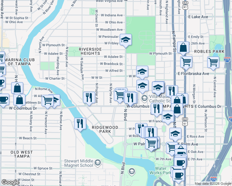map of restaurants, bars, coffee shops, grocery stores, and more near 706 West Plaza Place in Tampa