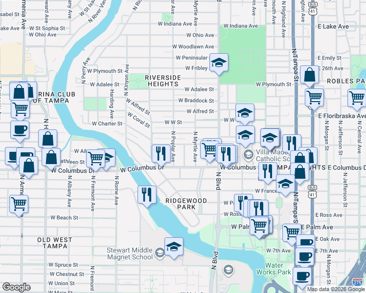 map of restaurants, bars, coffee shops, grocery stores, and more near 821 West Warren Avenue in Tampa