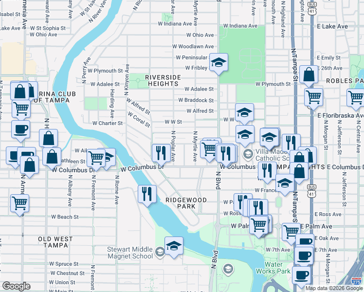 map of restaurants, bars, coffee shops, grocery stores, and more near 821 West Warren Avenue in Tampa