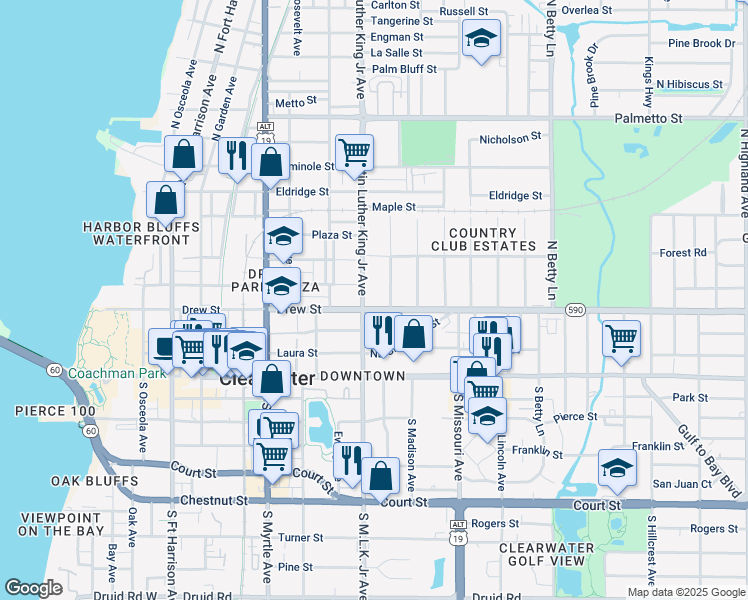 map of restaurants, bars, coffee shops, grocery stores, and more near 216 North Washington Avenue in Clearwater