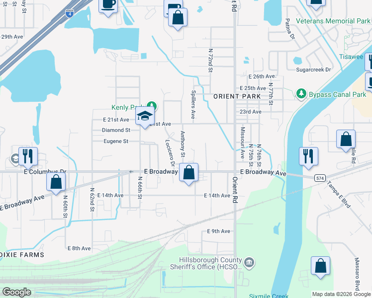 map of restaurants, bars, coffee shops, grocery stores, and more near 2819 Anthony Street in Tampa