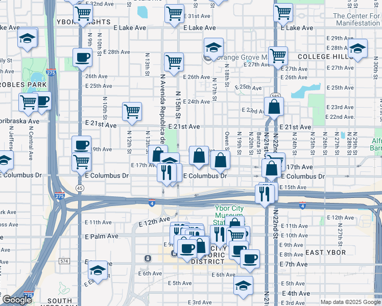 map of restaurants, bars, coffee shops, grocery stores, and more near 2812 North 16th Street in Tampa